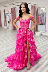 Golden Off The Shoulder Tiered Prom Dress