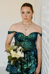 Golden Off The Shoulder Tiered Prom Dress