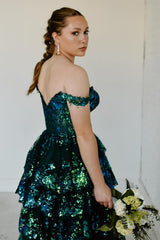 Golden Off The Shoulder Tiered Prom Dress