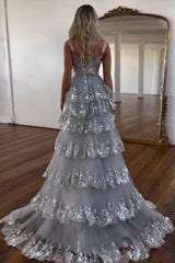 Golden Off The Shoulder Tiered Prom Dress