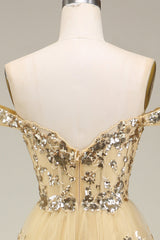 Golden Off The Shoulder Tiered Prom Dress