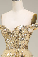 Golden Off The Shoulder Tiered Prom Dress