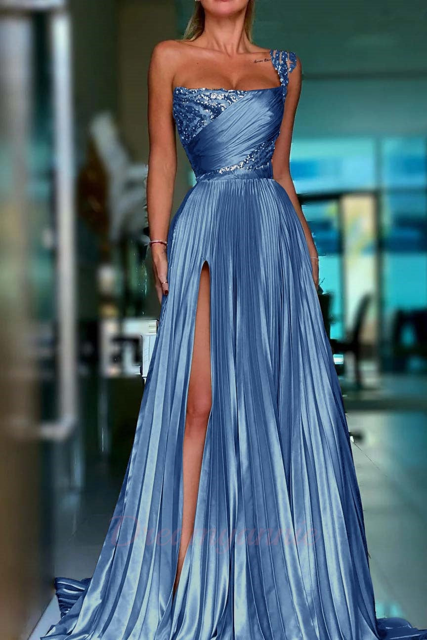 Golden One Shoulder Prom Dress A Line Sequined Pleated Formal Dress with Slit