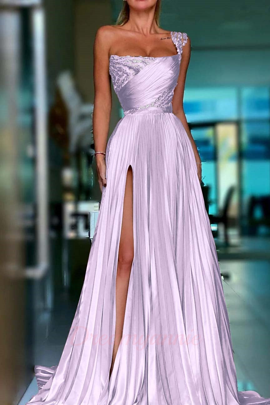 Golden One Shoulder Prom Dress A Line Sequined Pleated Formal Dress with Slit