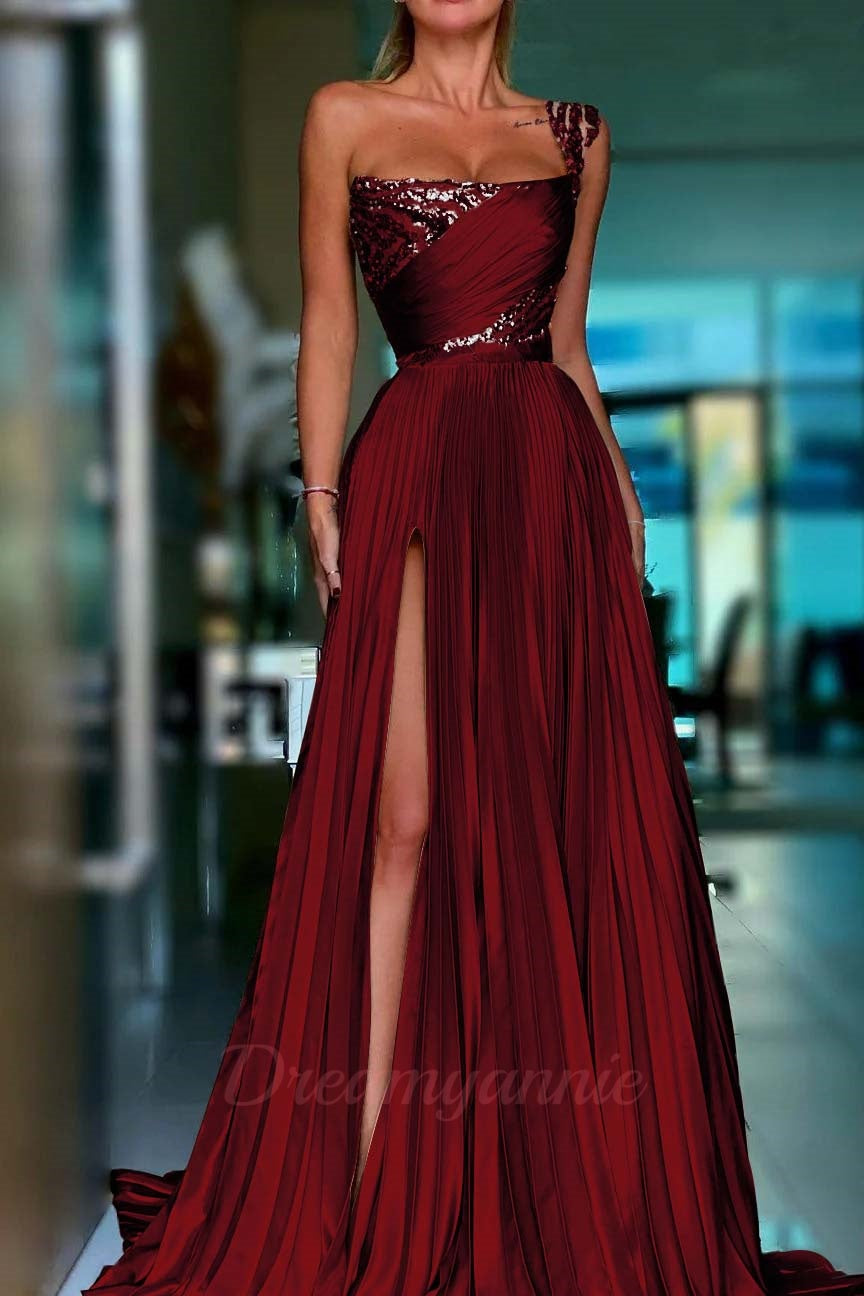 Golden One Shoulder Prom Dress A Line Sequined Pleated Formal Dress with Slit
