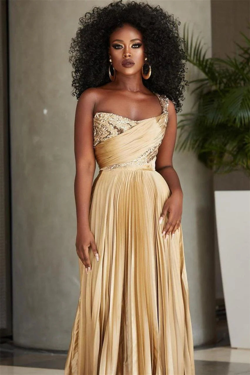 Golden One Shoulder Prom Dress A Line Sequined Pleated Formal Dress with Slit