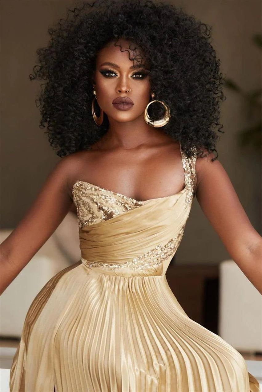 Golden One Shoulder Prom Dress A Line Sequined Pleated Formal Dress with Slit