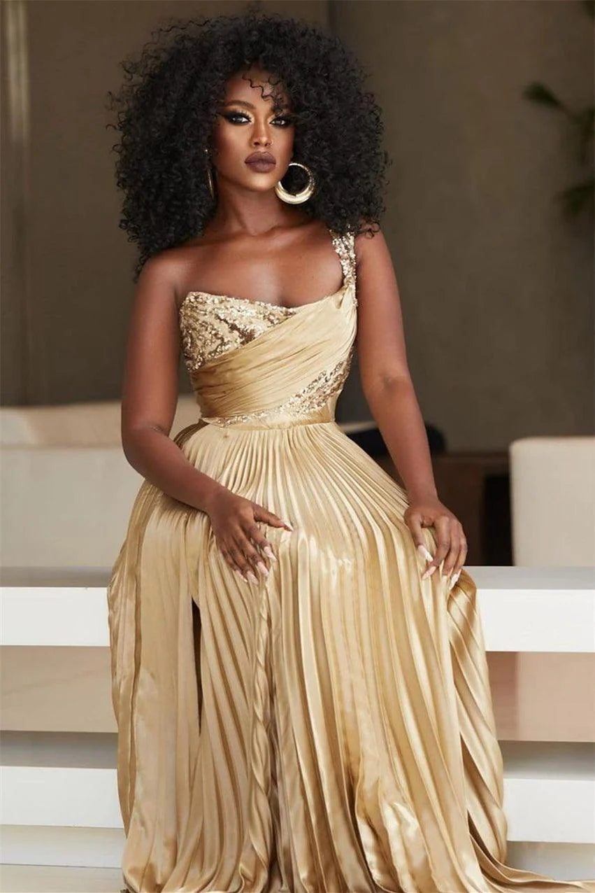 Golden One Shoulder Prom Dress A Line Sequined Pleated Formal Dress with Slit