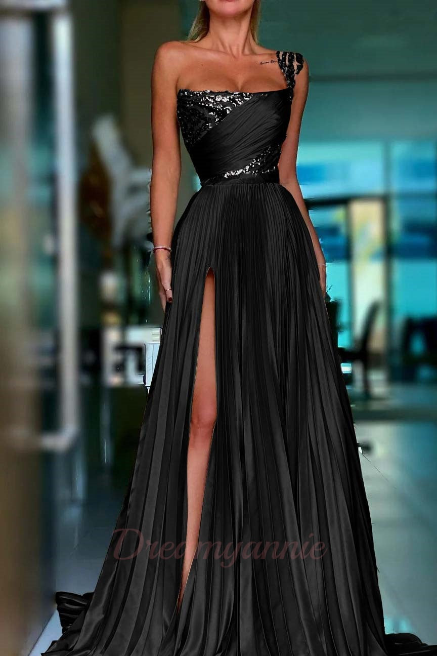 Golden One Shoulder Prom Dress A Line Sequined Pleated Formal Dress with Slit
