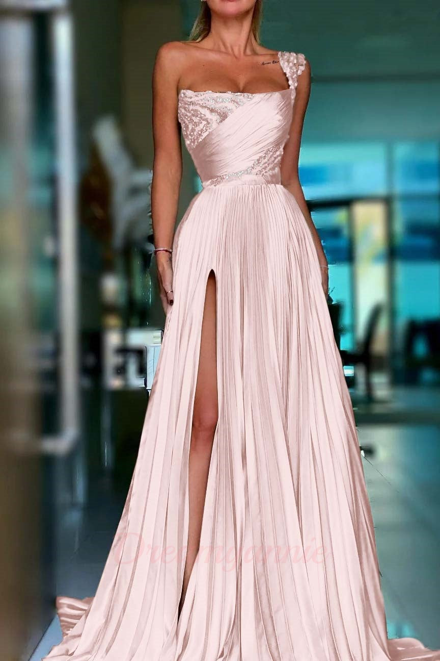 Golden One Shoulder Prom Dress A Line Sequined Pleated Formal Dress with Slit