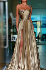Golden One Shoulder Prom Dress A Line Sequined Pleated Formal Dress with Slit