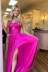 Golden Prom Dress A Line Backless Long Evening Dress With Slit