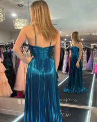 Golden Prom Dress A Line Backless Long Evening Dress With Slit