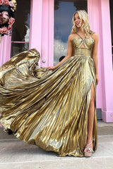 Golden Prom Dress A Line Backless Long Evening Dress With Slit