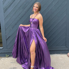Golden Prom Dress A Line Backless Long Evening Dress With Slit
