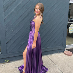 Golden Prom Dress A Line Backless Long Evening Dress With Slit