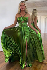 Golden Prom Dress A Line Backless Long Evening Dress With Slit