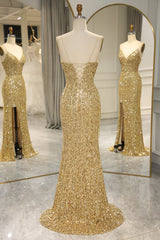 Golden Prom Dress Mermaid Backless Long Evening Dress With Slit