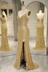 Golden Prom Dress Mermaid Backless Long Evening Dress With Slit
