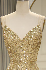 Golden Prom Dress Mermaid Backless Long Evening Dress With Slit