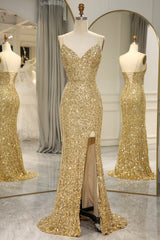 Golden Prom Dress Mermaid Backless Long Evening Dress With Slit