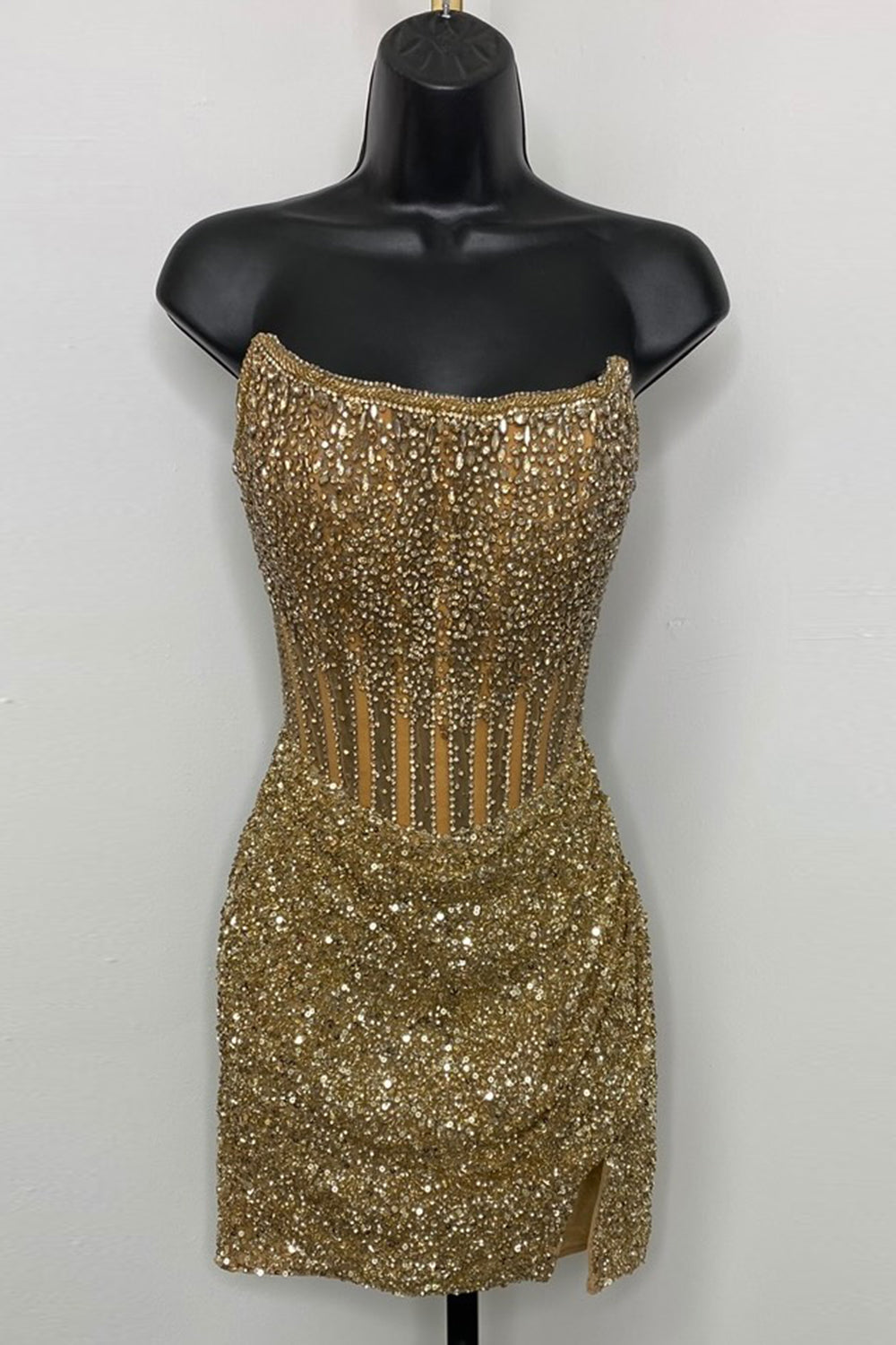 Golden Silver Homecoming Dress Corset Strapless Tight Short Cocktail Dresses with Beading