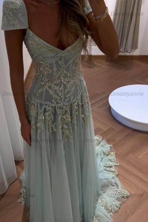 Gorgeous A Line Sweetheart Light Green Long Prom Dress With Appliques Formal Evening Gown