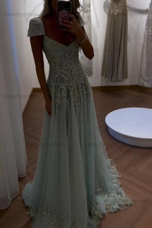 Gorgeous A Line Sweetheart Light Green Long Prom Dress With Appliques Formal Evening Gown