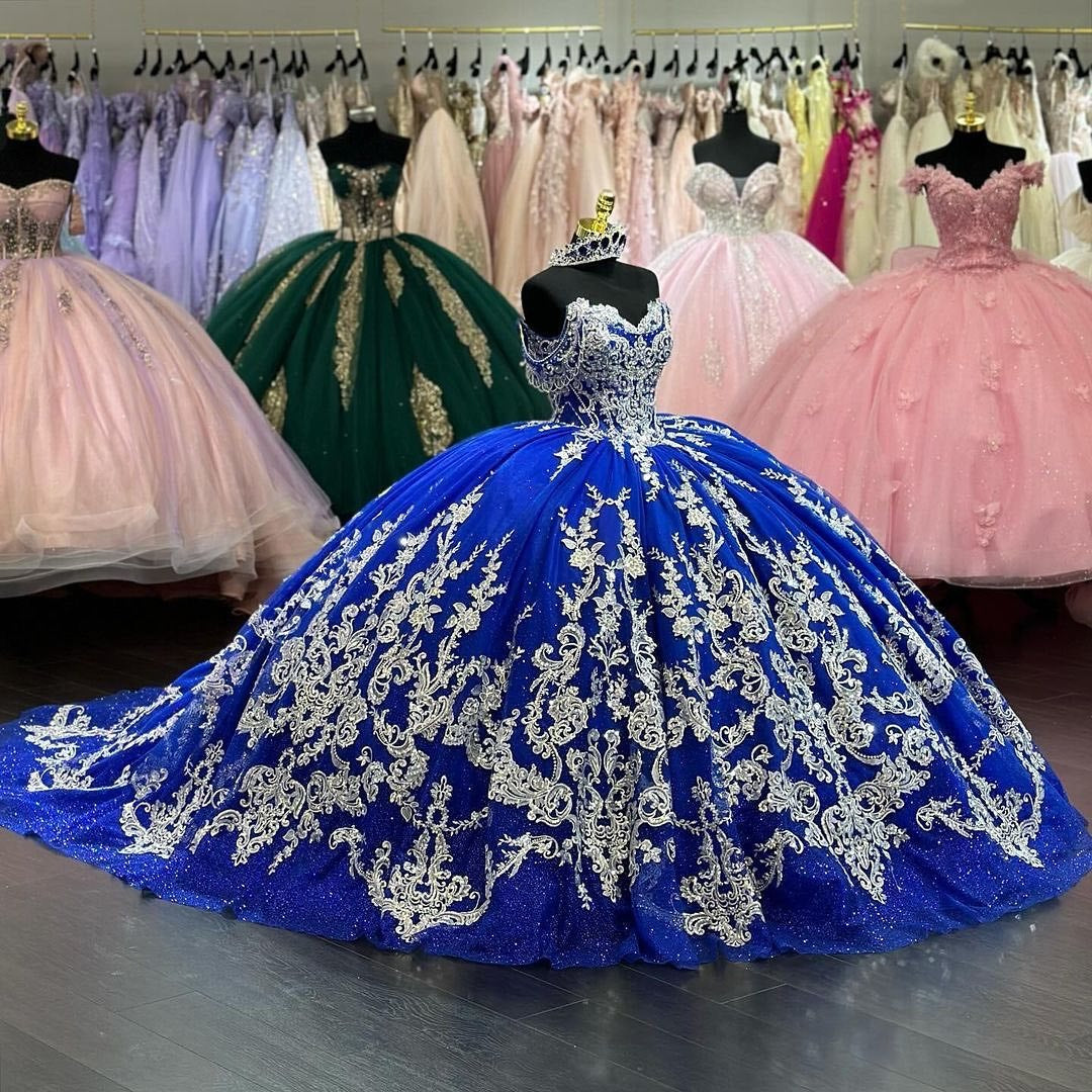 Gorgeous Ball Gown Off Shoulder Lace Appliques Beaded Royal Blue Tulle Princess Quinceanera Dress Formal Prom Party Gown For Sweet 16 Dress