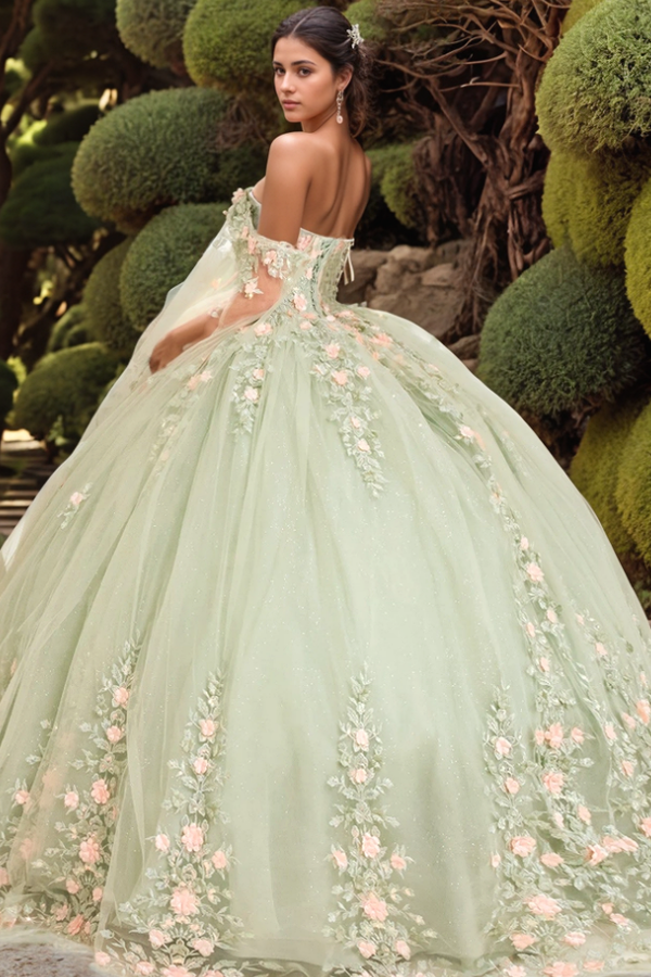 Gorgeous Ball Gown Off Shoulder Sleeveless 3D Flower Appliques Lace Up Light Green Tulle Quinceanera Dress Birthday Party Gown For Sweet 16