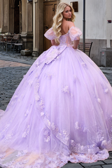 Gorgeous Ball Gown Sweetheart Neck Detachable Short Sleeves Beaded Crystal 3D Flower Appliques Purple Tulle Quinceanera Dress Birthday Party Dress For Sweet 16