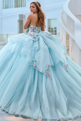 Gorgeous Ball Gown Sweetheart Neck Long Detachable Sleeves Colorful 3D Flower Appliques Lace Up Baby Blue Tulle Quinceanera Dress Evening Party Dress For Sweet 16