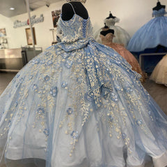 Gorgeous Ball Gown V Neck Spaghetti Straps Flower Appliques Beaded Lace Up Sky Blue Tulle Princess Gown Quinceanera Dress For Sweet 16