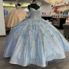 Gorgeous Ball Gown V Neck Spaghetti Straps Flower Appliques Beaded Lace Up Sky Blue Tulle Princess Gown Quinceanera Dress For Sweet 16