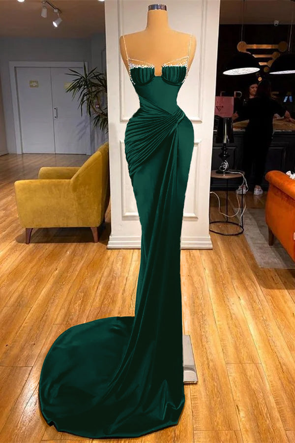 Gorgeous Dark Green Spaghetti Straps Mermaid Prom Dress With Beadings