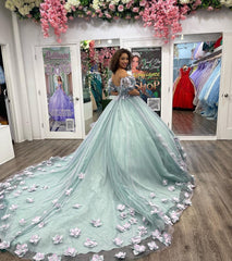 Gorgeous & Glamorous Ball Gown Off Shoulder Puff Sleeves 3D Flowers Lace Appliques Beaded Blue Tulle Quinceanera Dress Formal Evening Gown For Sweet 16