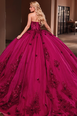 Gorgeous & Glamorous Ball Gown Sweetheart Neck Sleeveless Flower Lace Appliques Lace Up Sweep Train Plum Tulle Quinceanera Dress Birthday Party Dress For Sweet 16