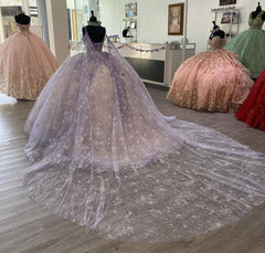 Gorgeous & Glamorous Ball Gown Sweetheart Neck Spaghetti Straps Floral Lace Appliques Lavender Champagne Tulle Princess Prom Party Gown Quinceanera Dress For Sweet 16