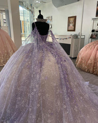 Gorgeous & Glamorous Ball Gown Sweetheart Neck Spaghetti Straps Floral Lace Appliques Lavender Champagne Tulle Princess Prom Party Gown Quinceanera Dress For Sweet 16