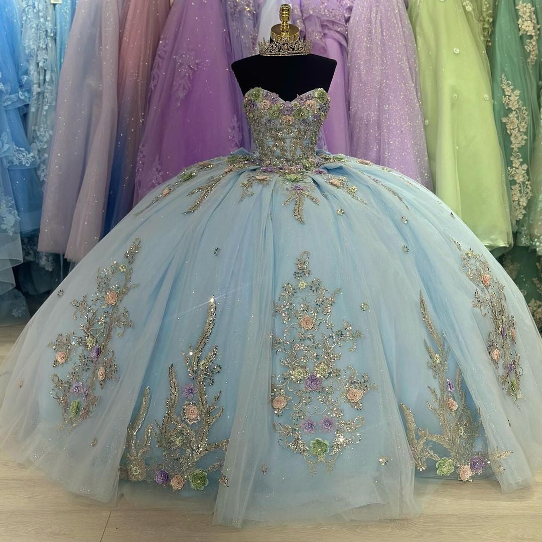Gorgeous & Glitter Ball Gown Strapless 3D Floral Flowers Lace Applique Bow Knot Light Blue Quinceanera Dress Birthday Party Gown For Sweet 16