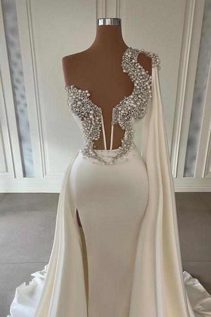 Gorgeous Ivory A Line One Shoulder Graduation Dress Long Glitter Wedding Dress With Split