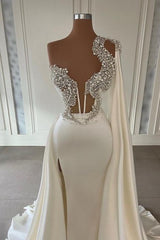 Gorgeous Ivory A Line One Shoulder Graduation Dress Long Glitter Wedding Dress With Split