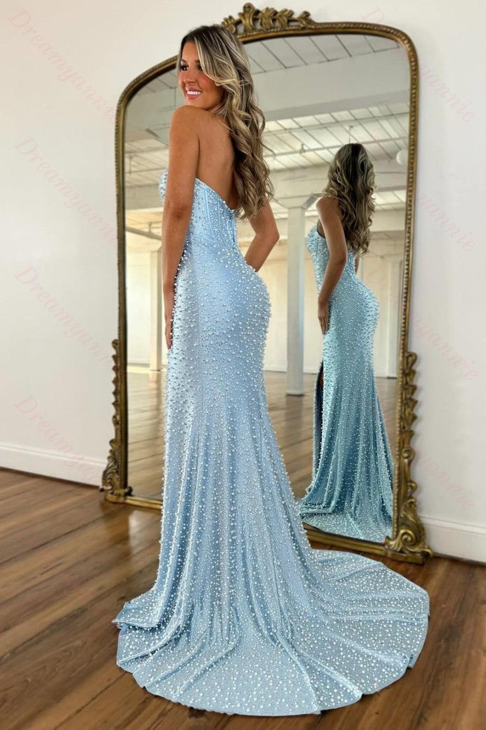 Gorgeous Light Blue Beaded Halter Mermaid Prom Dress With Pearls And Slit Formal Evening Gown
