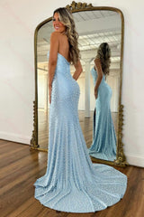Gorgeous Light Blue Beaded Halter Mermaid Prom Dress With Pearls And Slit Formal Evening Gown