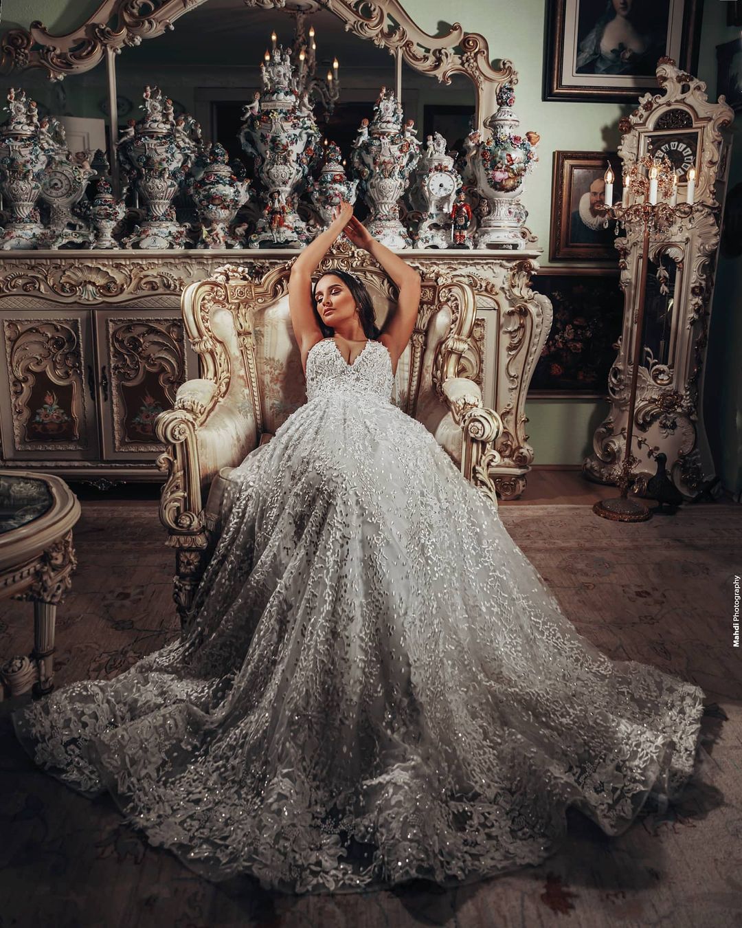 Gorgeous Long A Line V Neck Wedding Dress with 3D Floral Lace