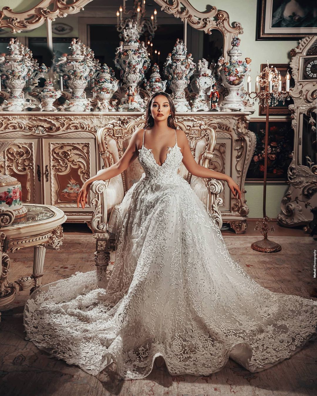 Gorgeous Long A Line V Neck Wedding Dress with 3D Floral Lace