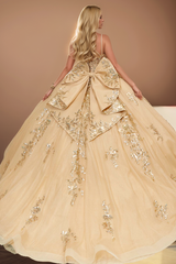 Gorgeous & Luxury Ball Gown Sweetheart Neck Spaghetti Straps Sequins Lace Appliques Bown Knot Gold Tulle Quinceanera Dress Evening Dress For Sweet 16
