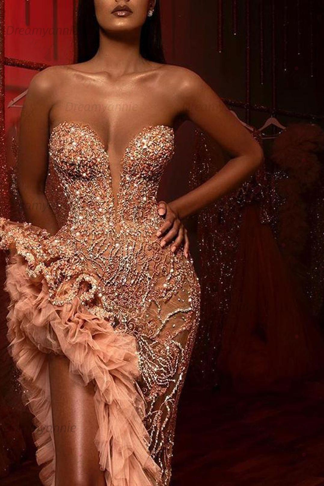 Dreamyannie Mermaid Prom Dress Beading Sleeveless Long Split Evening Dress With Ruffles