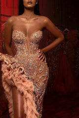 Dreamyannie Mermaid Prom Dress Beading Sleeveless Long Split Evening Dress With Ruffles
