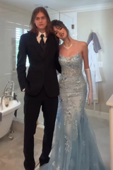 Gorgeous Mermaid Spaghetti Straps Grey Blue Long Prom Dress With Appliques Formal Evening Gown